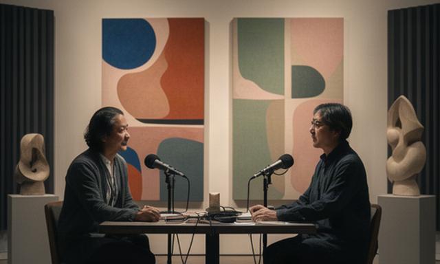 アート作品を背景にした文化対談の収録セット