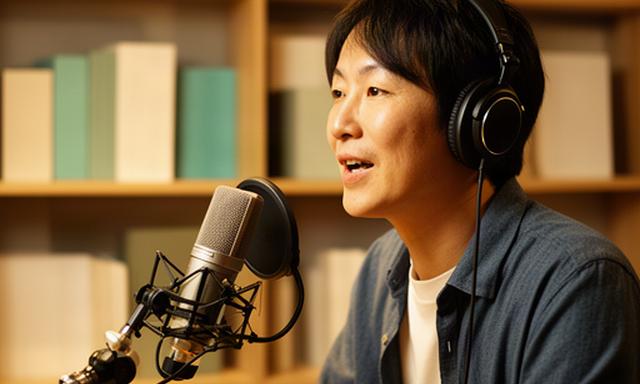 本棚を背景に講師が話す教育ポッドキャスト収録