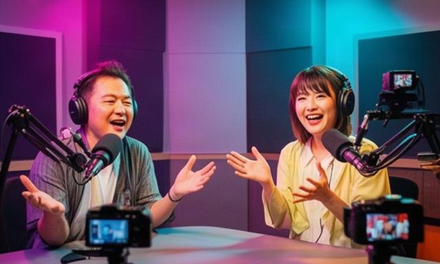 カラフルな照明のスタジオで行うエンターテインメント番組