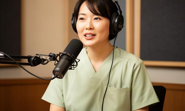 落ち着いたスタジオで医療専門家が話す番組収録
