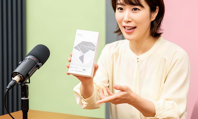 商品を手に説明する出演者と卓上マイク