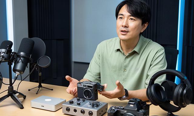 機材を囲んで技術解説を行うレビュー番組の収録風景